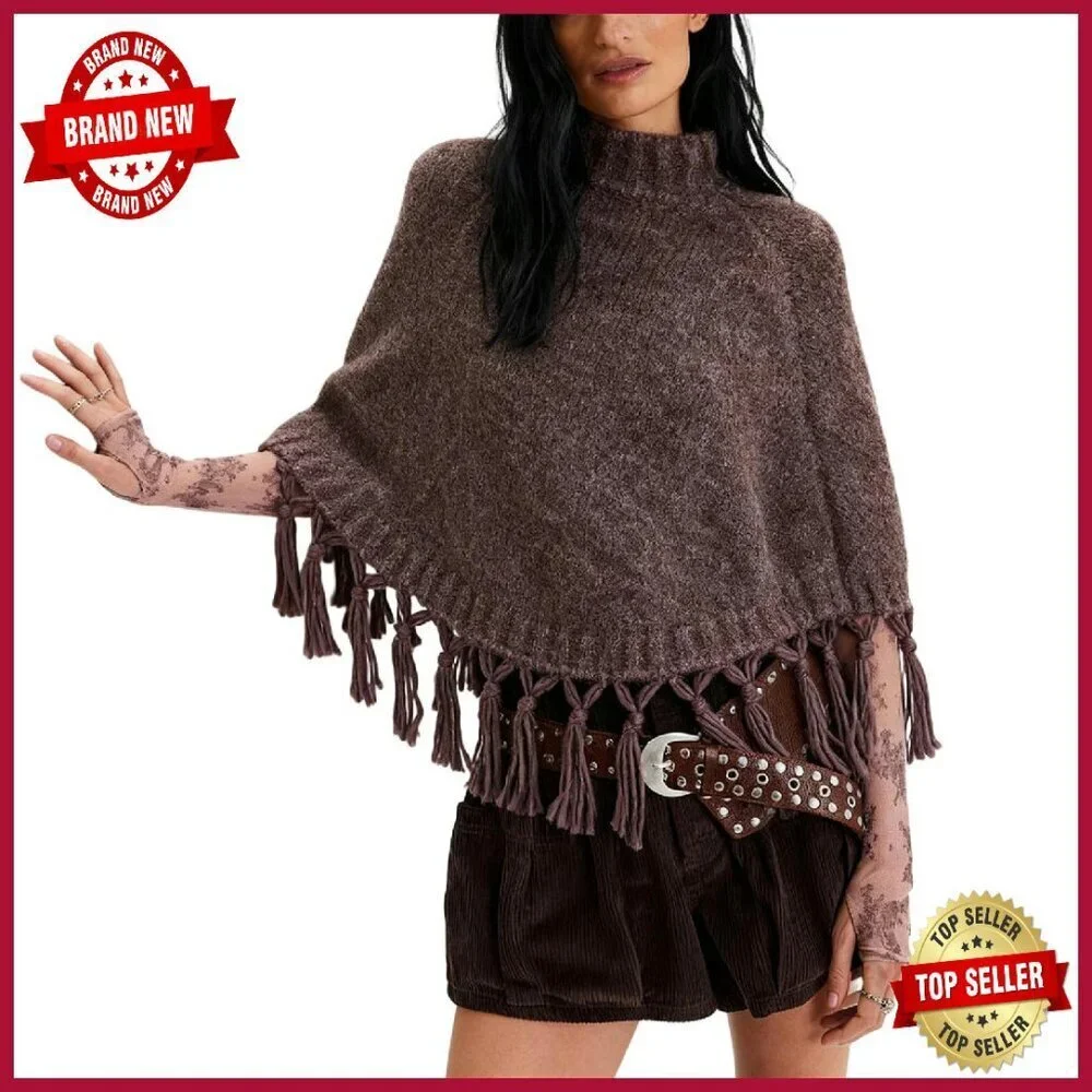 Vintage Knit Poncho Sweater Asymmetrical Fringe Shawl Cape One Size